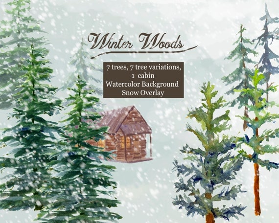 Winter Woods Watercolor Clip Art Pine trees Snow Log Cabin