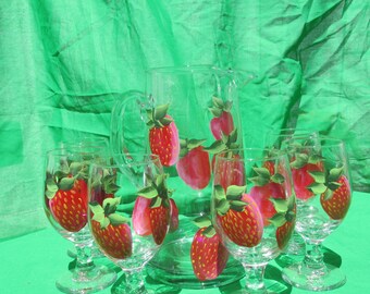 Hand painted glass pitcher and glasses