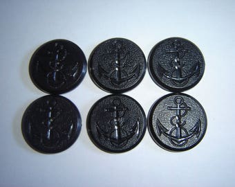 6 BIG BLACK OLD ANCHOR BUTTONS / / 26 MM