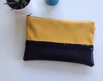 Leather clutch mustard yellow and black