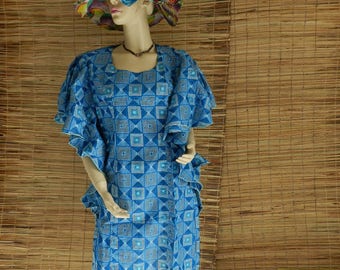 African wax fabric blue vintage robe caftan tunic dress size unique (36 to 40)