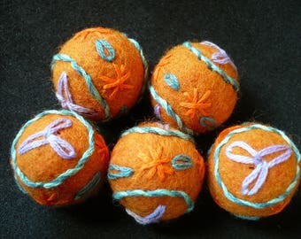 orange felted wool beads, embroidered,