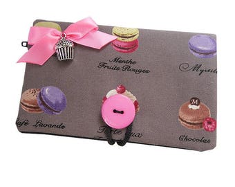 Wallet cell phone Pocket * pastries and Macarons * cakes fabric pink bow charm