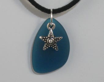 Teal Blue Sea Glass Freeform Pendant with Starfish Charm on Suede Cord Necklace