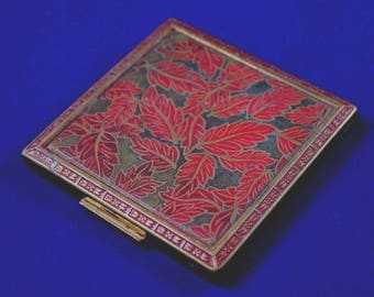 Vintage Compact Case // Rex 5th Fifth Ave // Make Up // Red Leaf Leaves Flower // 1940s 1950s // Brass Gold Tone // Mirror // FREE SHIPPING