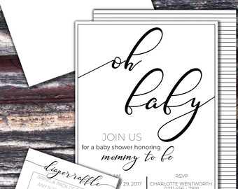 Black & White 'Oh Baby' Custom Made Invitations, Diaper Raffle, Thank You Cards, Digital File