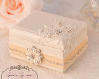 Wedding ring bearer box ivory and peach color, personalized ring box, wedding ring box, wood box