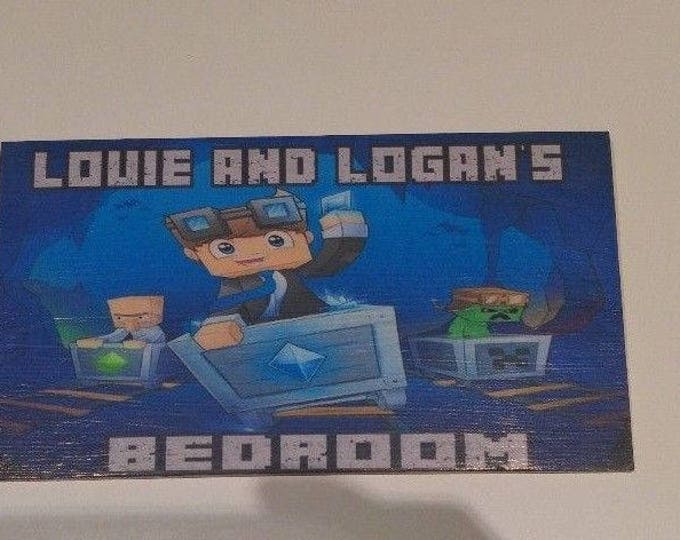 Wooden Personalised dan tdm Minecraft style Name Plaque Childs Bedroom
