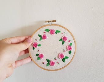 5 inch Pink Floral Rose Embroidery Hoop Art