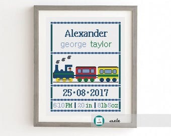Cross stitch baby birth sampler, birth announcement, train, DIY customizable pattern** instant download