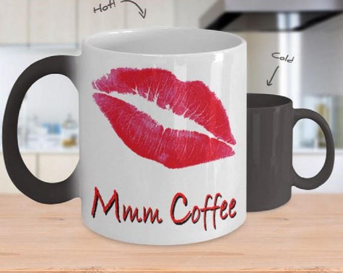 Color Changing Mug, Kiss Design Mug, Lipstick Coffee Mug, Mmm Coffee Cup, Hot Lips Coffee Cup, Lipstick Java Jug