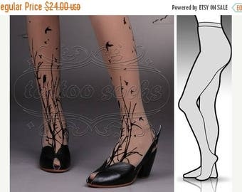 SALE///endsAug22/// large/extra large fabulous FOREST SYMPHONY tattoo stockings / full length / pantyhose / nylons Deep Mocha