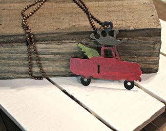 Truck necklace - rusty truck pendant - pink truck with crown and wings