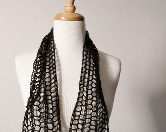 First Fall Sale - 15% Off Black Sequinned Hand Knit Scarflette / Mini Scarf / Alice Band Headwrap - Black Wool and Mohair Blend with Sparkle