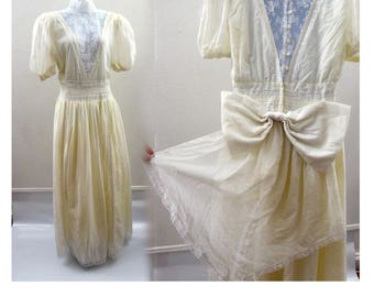 Vintage 70s Gunne Sax Wedding Dress Size L Cream White Lace Hippie Boho Prairie