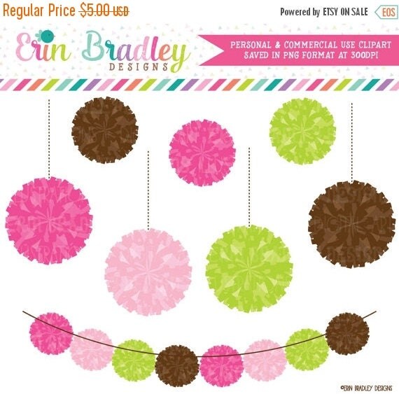 50% OFF SALE Preppy Pom Pom Garland Clipart Commercial Use Digital Clip Art Graphics Il_570xn