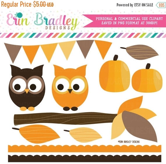 50% OFF SALE Autumn Owls and Pumpkins Clipart Clip Art Personal & Commercial Use Instant Download Il_570xn