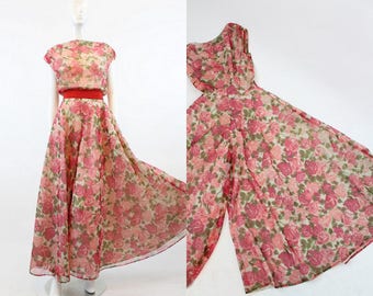 50s does 30s Beach Pajamas Rose Print XS Small / 1950s Palazzo Pants Jumpsuit / Cabbage Roses Jumpsuit
