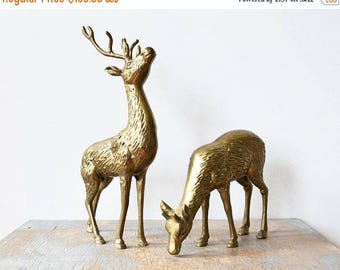 20% OFF SALE vintage brass deer figurines, large brass deers, mid century decor