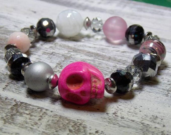 Pink Sugar Skull Bracelet Black Gray Silver Czech Glass Gemstones Multi Stones Funky Goth Halloween Stretch Jewelry