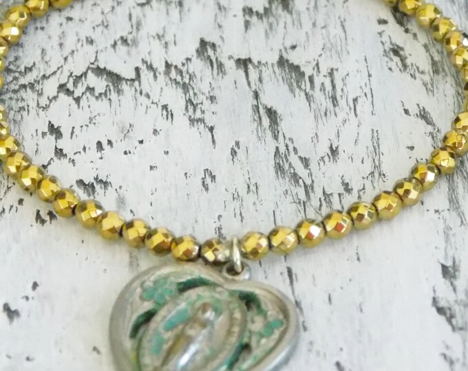 Vintage Virgin Mary Hematite Bracelet Petite Beaded Stretch Layering Gold Silver Charm Bracelet Religious Jewelry