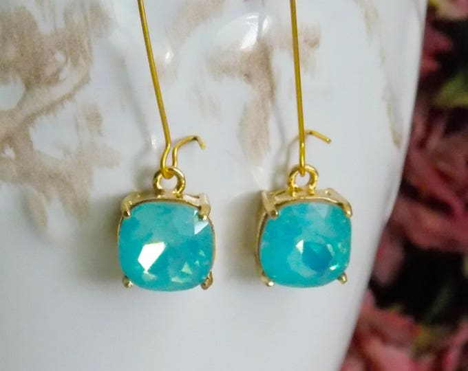 Gold Aqua Blue Earrings, Wedding Jewelry, Bridesmaid Gift, Opal Blue Glass Earrings, Gold Jewelry, Anniversary Gift for Her