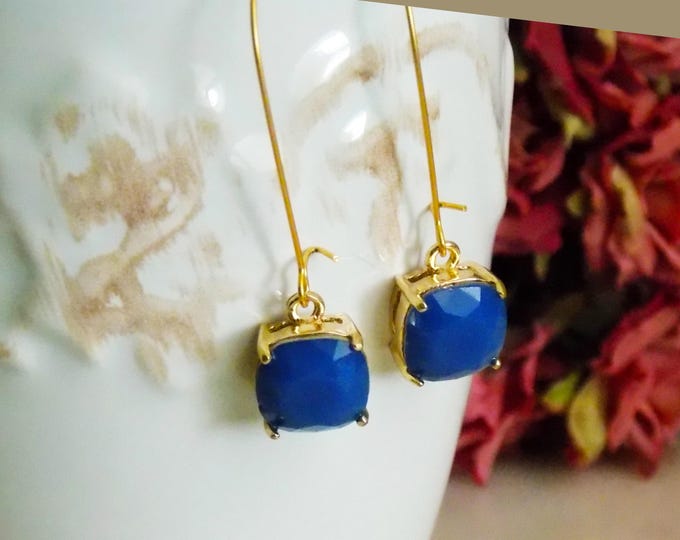 Gold Royal Blue Earrings, Wedding Jewelry, Bridesmaid Gift, Royal Blue Glass Earrings, Gold Jewelry, Anniversary Gift for Her