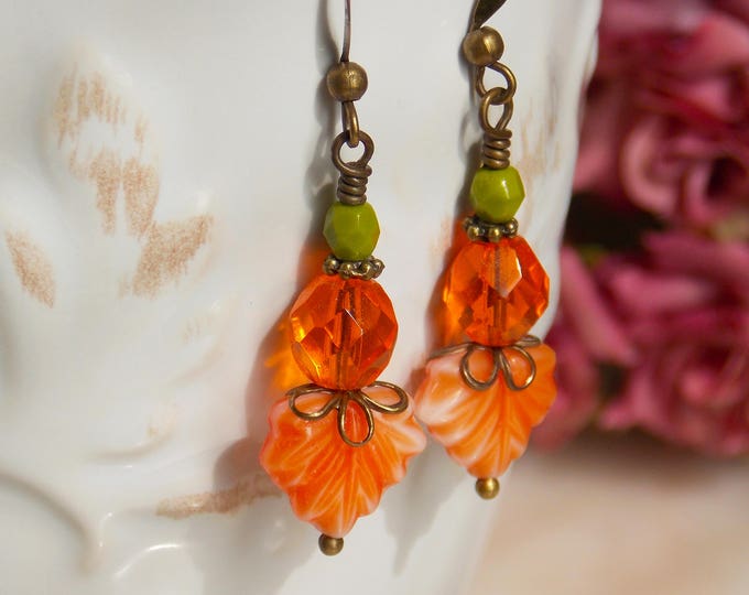 Leaf Earrings Czech Glass Earrings Maple Leaf Earrings Picasso Orange Green Czech Glass Jewelry Earthy Woodland Autumn Gift Earrings