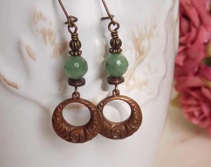 Green Earrings Aventurine Brass Earrings Boho Earrings Bohemian Earrings Dangle Drop Earrings Textured Earrings Rustic Jewelry