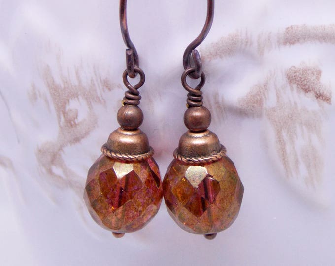 Copper Earrings Czech Glass Burgundy Earrings Dangle Drop Earrings Boho Rustic Woodland Earrings Picasso Earrings Gift