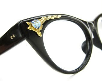 Vintage Cat Eye Glasses Eyeglasses Sunglasses Atomic Frame Enameled Blue Rose Accents