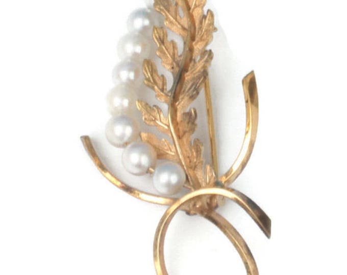 Cultured Pearl Leaf Brooch Goldwash Sterling Retro Foliate Design Designer Signed Vintage