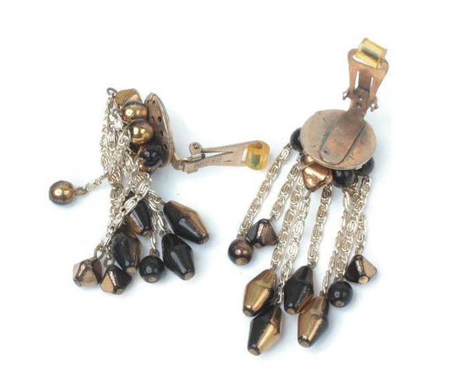 Hobe Dangle Cascade Earrings Two Tone Black Gold Beads Vintage