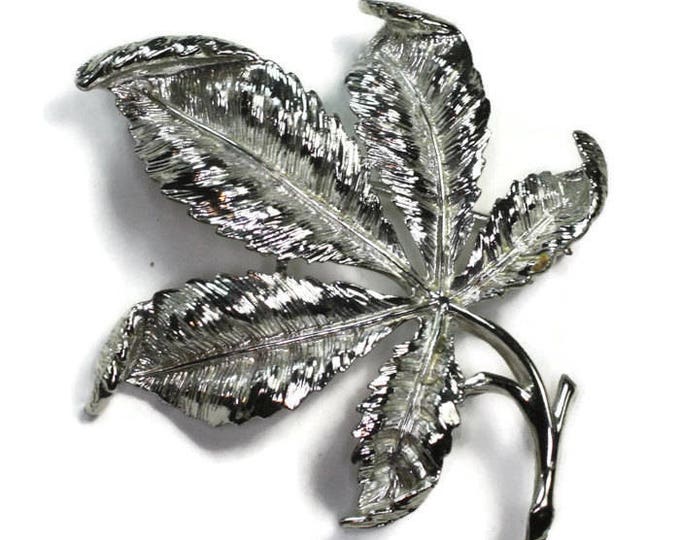 Coro Signed Leaf Brooch Silver Tone Dimensional Vintage