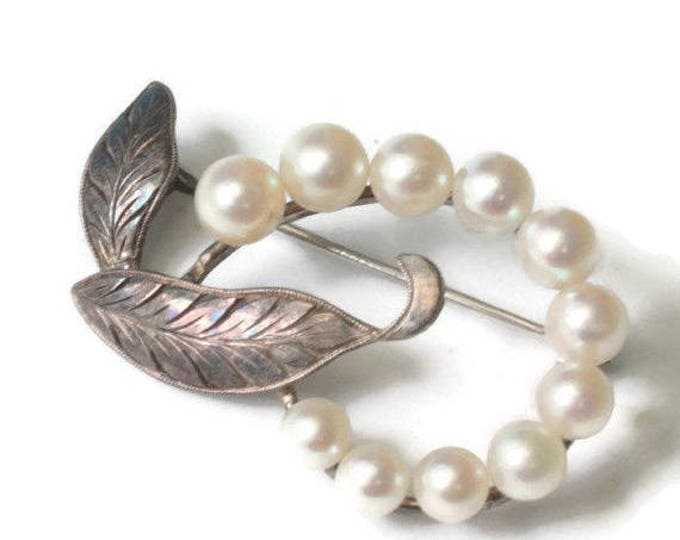 CIJ Sale Cultured Pearl and Silver Swirled Leaf Pin Gift Wedding Vintage