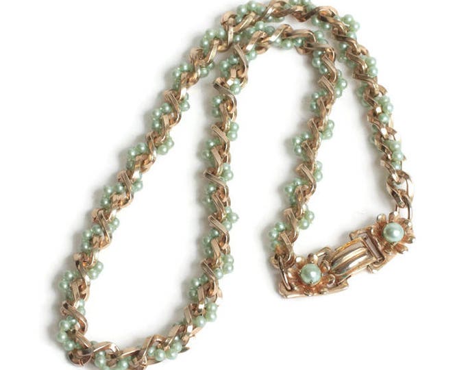 Seafoam Green Faux Pearl Necklace Woven Design Choker Signed Barclay Vintage