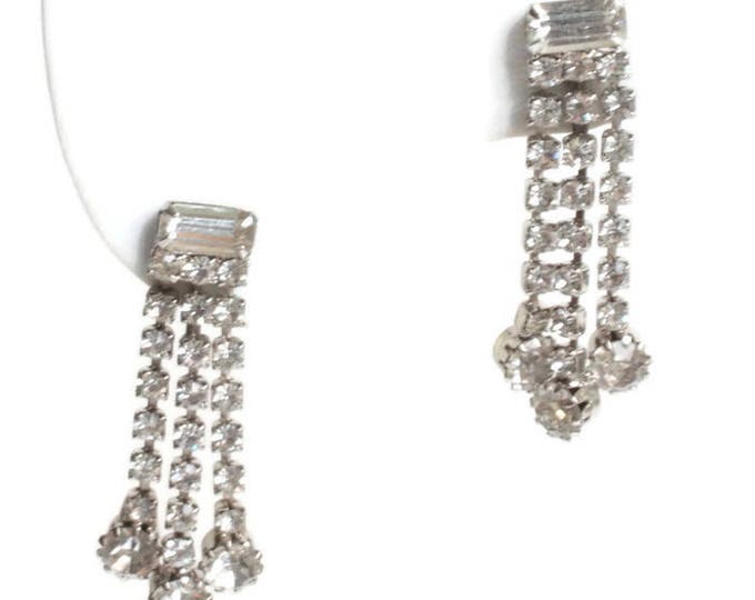 Clear Rhinestone Crystal Dangle Earrings Three Strands Baguettes Chatons Vintage