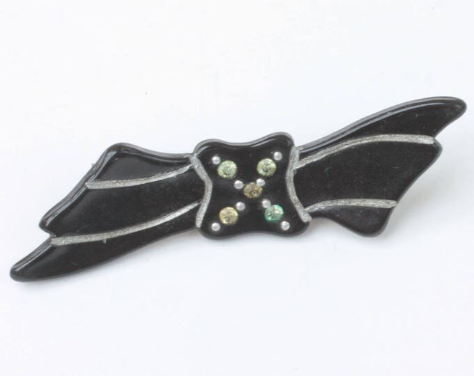 Art Deco Black Celluloid Pin Bow Shape with Rhinestones Etched Design Vintage