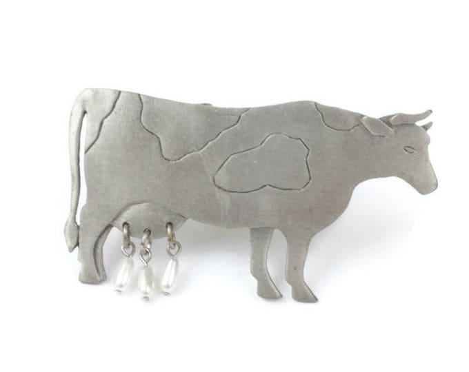 JJ Cow Brooch Pewter Tone Glass Pearl Dangles Book Piece Vintage