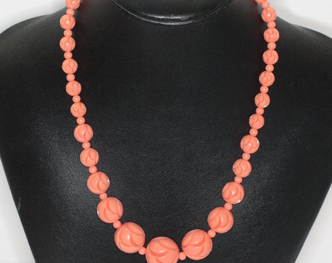 Art Deco Carved Bead Necklace Coral Peach Melon Early Plastics Vintage