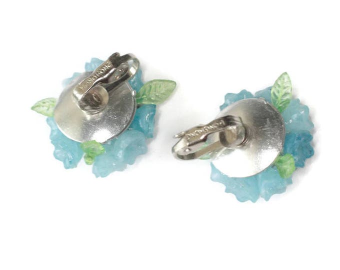 Blue Flower Beaded Cluster Earrings Hong Kong Mid Century Clip On Style Vintage