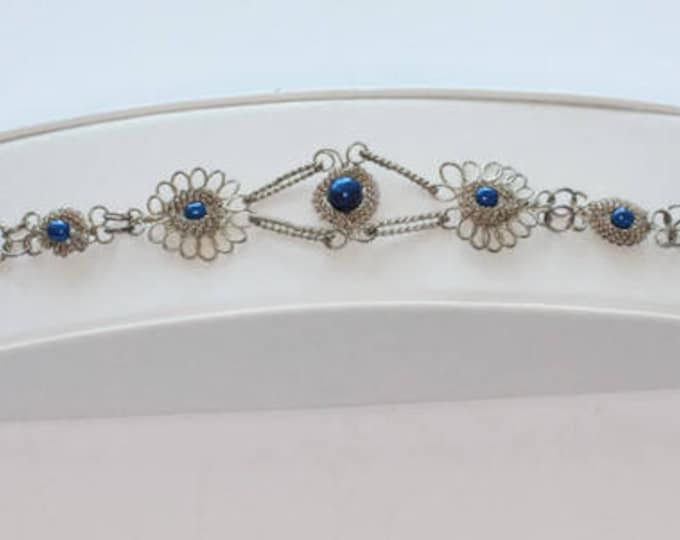 Silver Filigree Bracelet Bright Blue Beads Vintage