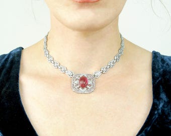 1920s Antique Art Deco Necklace | Magenta Pink Silver Filigree Necklace | 1910s Necklace Silver Filigree