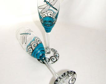 Dragonfly Champagne Flute Glasses Hand Painted Glassware Personalized Toasting Flutes ~ Pair