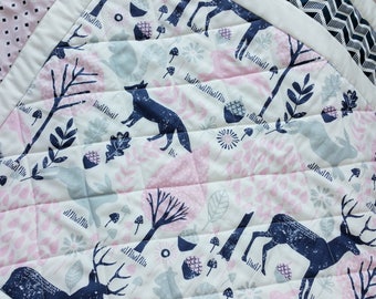 Baby Girl Quilt-Baby Quilts-Woodland Animals Baby Bedding-Gray-Navy-Pin-Nursery-Baby Shower Baby Blanket-Deer-Fox-Bunny Rabbit Baby Blanket