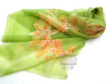Greenery silk scarf, green silk scarf, floral silk scarf, long silk scarf, spring, orchid, hand paint silk, luxury, feminine, giftideas
