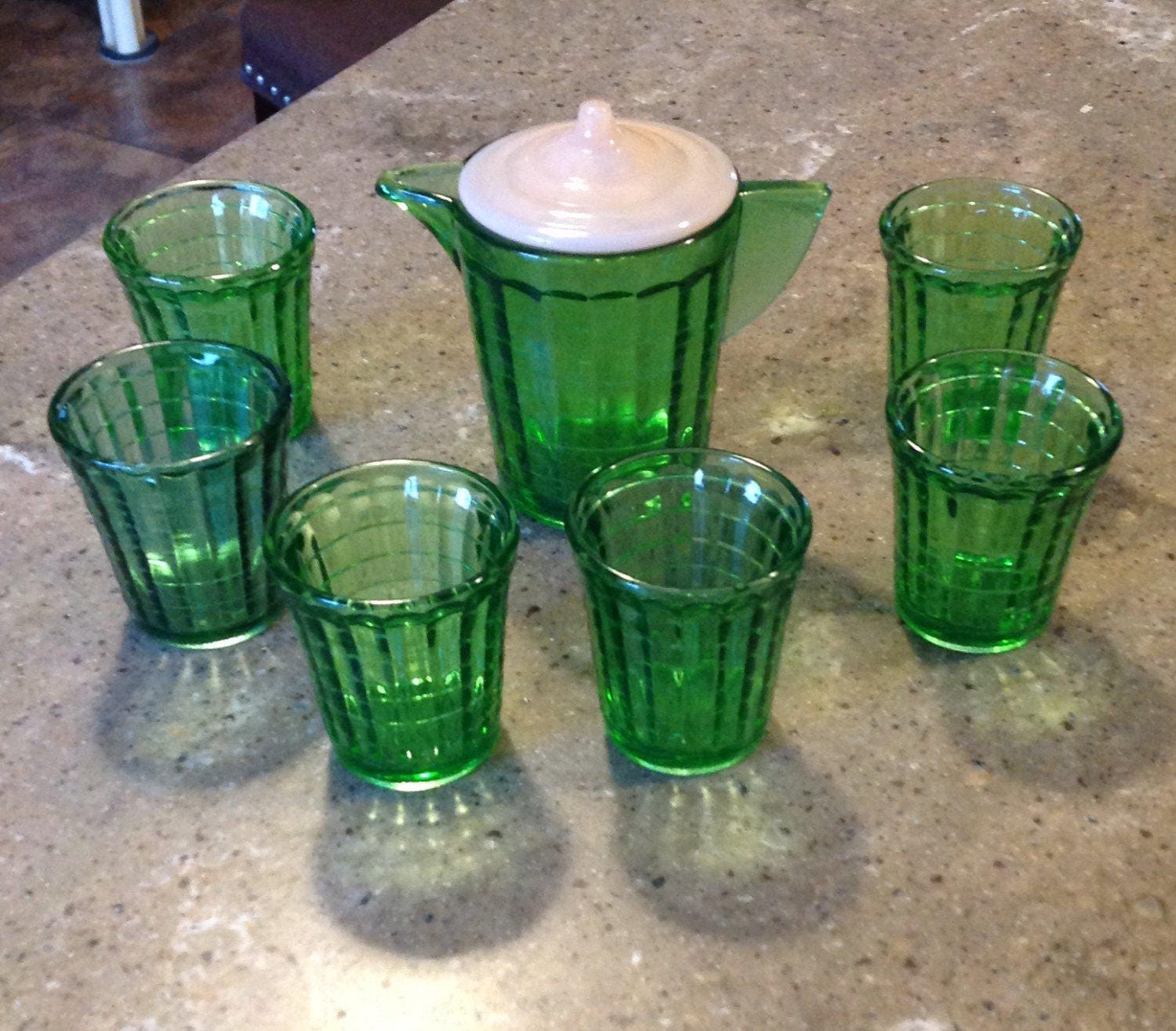 Akro Agate Green Depression Pink Childs Glass Tumbler Pitcher