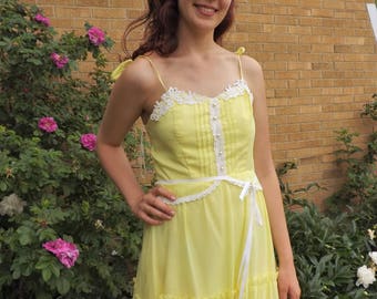 70s Long Yellow Dress Maxi Summer Vintage S