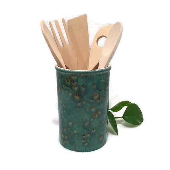 Kitchen Utensil Holder in Teal Blue and Brown Small