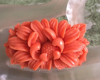 1930's Coral Celluloid Floral Brooch